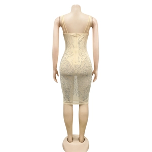 Detail van de rug van champagne mesh jurk met strass-steentjes en ritssluiting