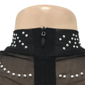 Detail of high neck black mesh dress featuring shimmering silver rhinestones and zipper