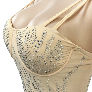 Detail van beige rhinestone bodysuit met zilveren kristalpatronen en bandjes