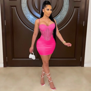 Sexy rose pink corset dress with mesh panels and shimmering rhinestones in bodycon style