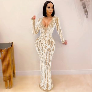 Sexy see-through mesh long dress with rhinestones and long sleeves for women