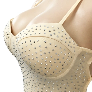 Detailed view of backless rhinestone dress featuring sheer nude fabric and silver crystals