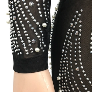 Close-up of black mesh dress featuring intricate silver rhinestones and white pearls