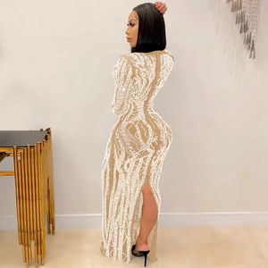 Detail of sheer mesh dress with rhinestones, long sleeves, and a slim fit bodycon cut