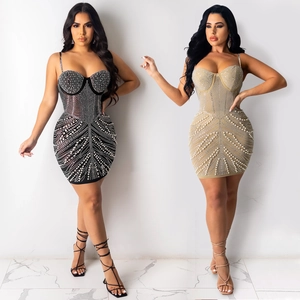 Women Sexy Rhinestone Faux Artificial Pearl Bodycon Mini Dress Heart Neck Strappy Evening Party Club Dress