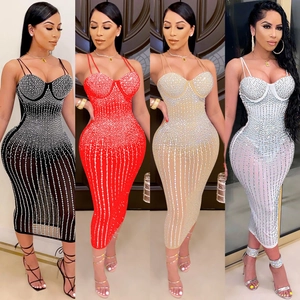 Women Sexy Rhinestone Mesh See Through Midi Dress Spaghetti Strap Bodycon Party Nightclub Evening Banquet Formal Dress