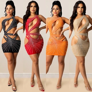 Women Sexy One Shoulder Cut Out Mesh Rhinestone Mini Dress Bodycon Nightclub Party Short Dress