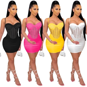 Multiple colors of sexy rhinestone corset mini dresses including black, pink, yellow and white