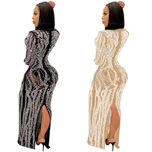 Sexy rhinestone mesh long sleeve bodycon dress with split in black and apricot