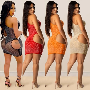Detailed comparison of sparkling rhinestone mesh mini dresses in four vibrant colors