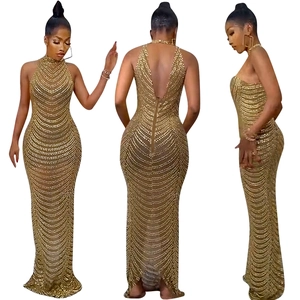 Detailed views of gold backless evening gown with sequins and fishtail hem