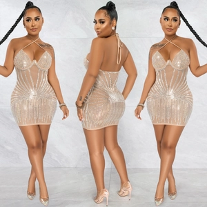Détails d'une robe moulante en mesh avec strass argentés et design dos nu sexy