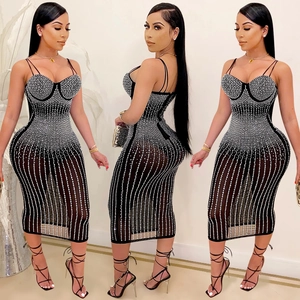 Elegant black bodycon dress with silver rhinestone wave pattern and thin straps