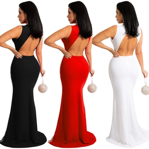 Sexy backless mesh maxi dress with rhinestones and fishtail hem in black red and white
