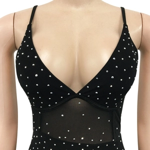 Detail of V-neck mesh bodysuit with silver rhinestones and adjustable spaghetti straps