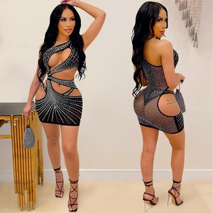 Sexy black bodycon party dress with silver rhinestones and daring cut-outs for women