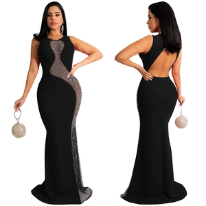 Front and back detail of sleeveless backless maxi dress with sequins and mesh inlay