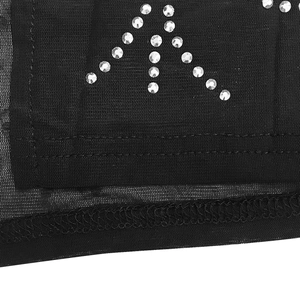 Detail of sheer mesh dress with rhinestones arranged in a geometric V-shape pattern