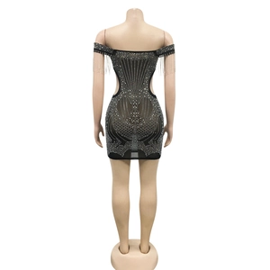 Detailed back view of mesh dress featuring rhinestone embellishments and fringe shoulders