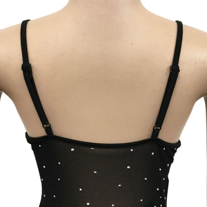 Close-up of adjustable thin straps and silver rhinestones on back of black mesh dress