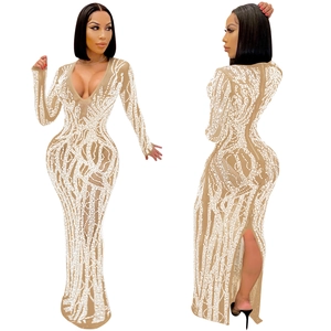 Detail of sexy deep V-neck floor-length dress with white wavy sequins and sheer mesh