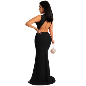 Detail of sexy backless mesh dress featuring rhinestone accents and sleek fisheye silhouette