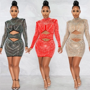 Sexy Nightclub Rhinestone Mesh Long Sleeve Mini Dress For Women High Neck Cut Out Bodycon Party Evening Sparkly Dress