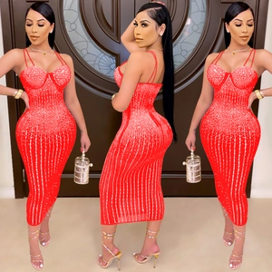 Red bodycon midi dress with rhinestone embellishments and thin straps for party wear