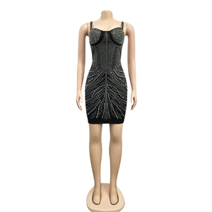 Sexy black bodycon mini dress with silver rhinestones and sweetheart neckline