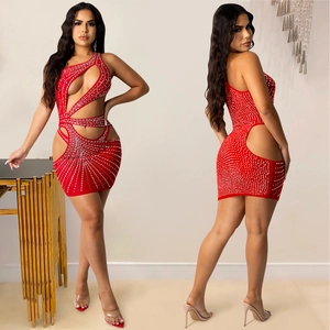 Sexy one-shoulder red rhinestone mini dress with cut-outs for women's party wear