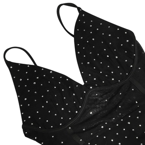 Detail of black V-neck dress with silver rhinestones and delicate mesh stitching