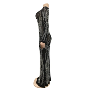 Detail of sheer black mesh dress featuring shimmering silver rhinestone vine patterns