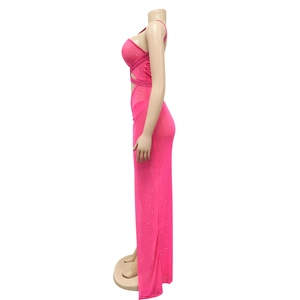 Hot pink mesh maxi dress with silver rhinestones, waist cut-outs and side split details