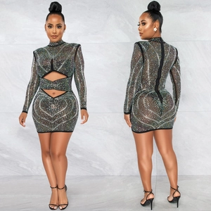 Sexy black mesh mini dress with rhinestones, cut-outs and long sleeves, front and back view