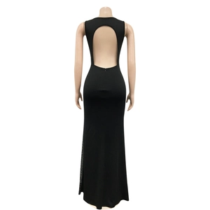 Detail of the back circular cutout on a sexy black backless sleeveless maxi dress