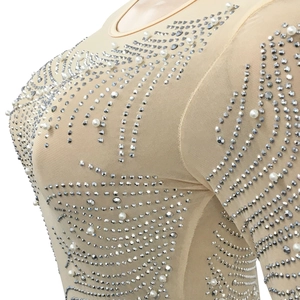 Close-up of nude mesh dress with silver rhinestones and white pearls detailing