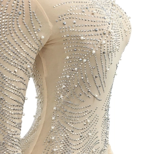 Detailed close-up of beige mesh dress with shimmering silver rhinestones and white pearls