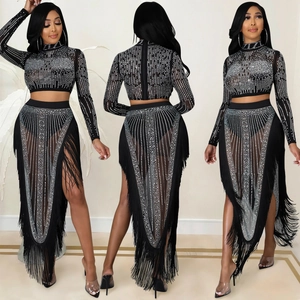 Women Sexy See-Through Mesh Top And Tassel High Split Long Skirt Rhinestone High Neck Long Sleeve Party Nightclub Outfit