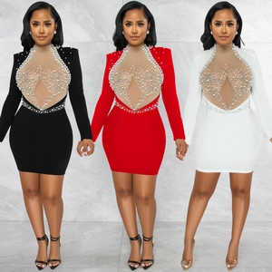 Women Sexy Rhinestone Artificial Pearl Mesh Patchwork Backless Bodycon Mini Dress Long Sleeve Nightclub Party Sheath Dress