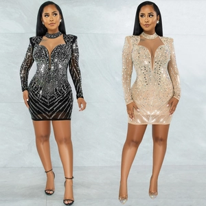 Robe Mini pour Femmes Sexy Décolleté en V Profond Mesh Transparent Strass Manches Longues Moulante Fête Boîte de Nuit Robe de Soirée