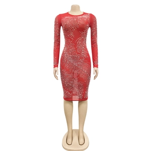 Detail of red mesh bodycon dress with sparkling silver rhinestones in a feather pattern