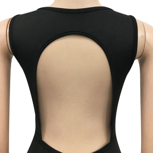 Detail of black backless bodysuit featuring a large circular cutout and high elastic fabric
