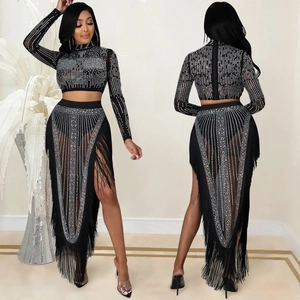 Detail of sheer black mesh two-piece set with silver rhinestones and long fringe trim