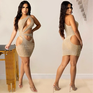 Sexy one-shoulder cutout mesh mini dress with rhinestones and asymmetrical bodycon fit