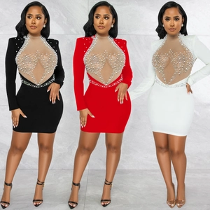 Detail of beaded mesh neckline and rhinestone pattern on the slim long sleeve mini dress