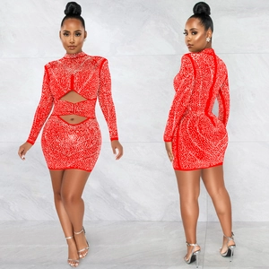Sexy red long sleeve mesh dress with rhinestones and cut-outs for night club events