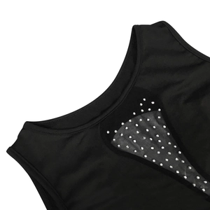 Detail of sheer mesh neckline with sparkling rhinestones on black sexy backless dress