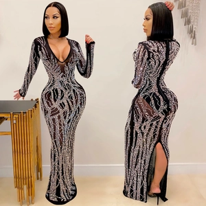 Sexy black mesh maxi dress with sparkling rhinestones, deep V-neck and high back slit