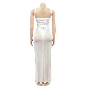 Detail view of white mesh dress with rhinestones, open back and bow decoration