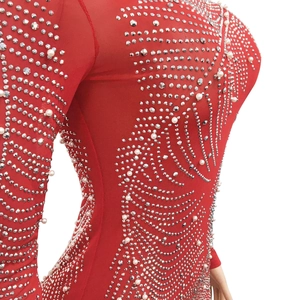 Detail of red mesh dress showing silver rhinestones and white pearls in wave patterns